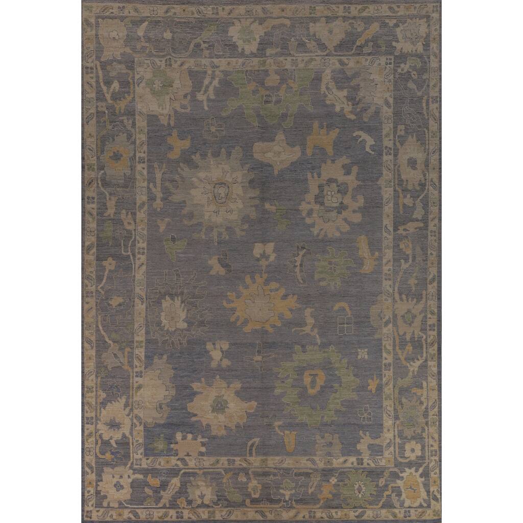 Blue Floral Oushak Turkish Large Rug Hand-Knotted Wool Carpet - 9'11"x 14'0"