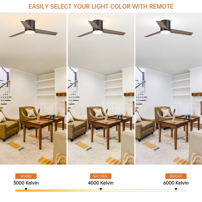 48 inch Modern 3-Blade Wooden Flush Mount Ceiling Fans with Light and Remote