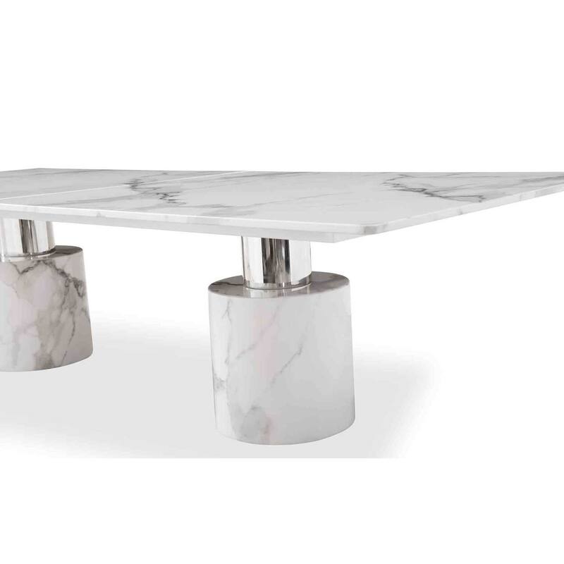 Extra Large Dining Table - White Marble Glossy Top with Stainless Steel Base for Dining Room - 63