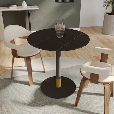 Vail Round Dining Table 27 in. Sintered Stone Tabletop in Black Stainless Steel Round Pedestal Base with Gold Accents
