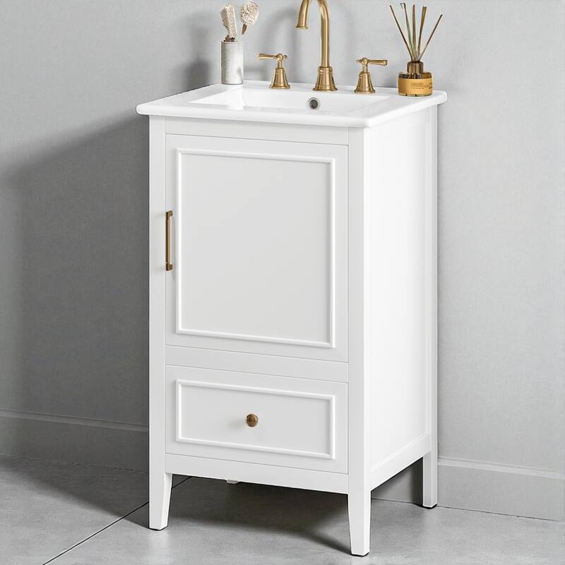 20" Bathroom Vanity with Ceramic Sink, Door Shelf Storage, Drawer, and Adjustable Foot Pads - White