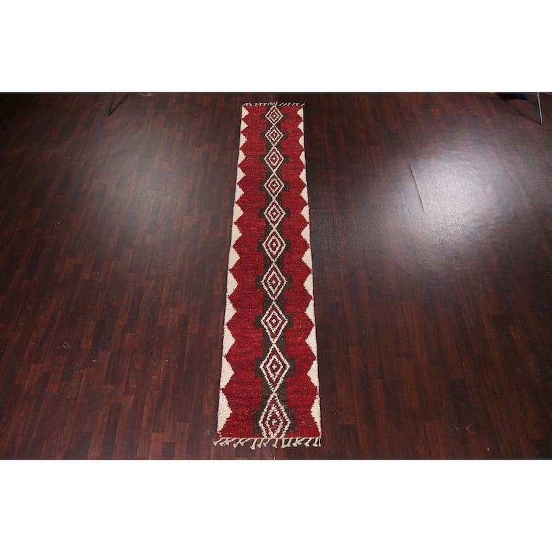 Geometric Tribal Moroccan Runner Rug Wool Hand-knotted Oriental Carpet - 2'4" x 12'5"