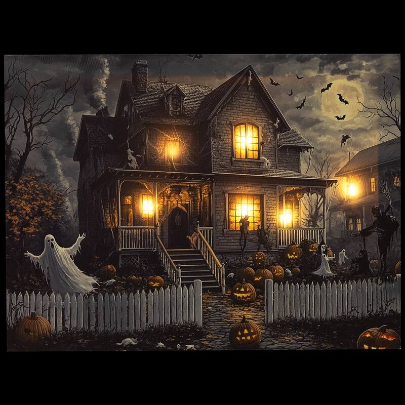 LED Lighted Haunted House Halloween Canvas Wall Art - 15.75 x 23.75"