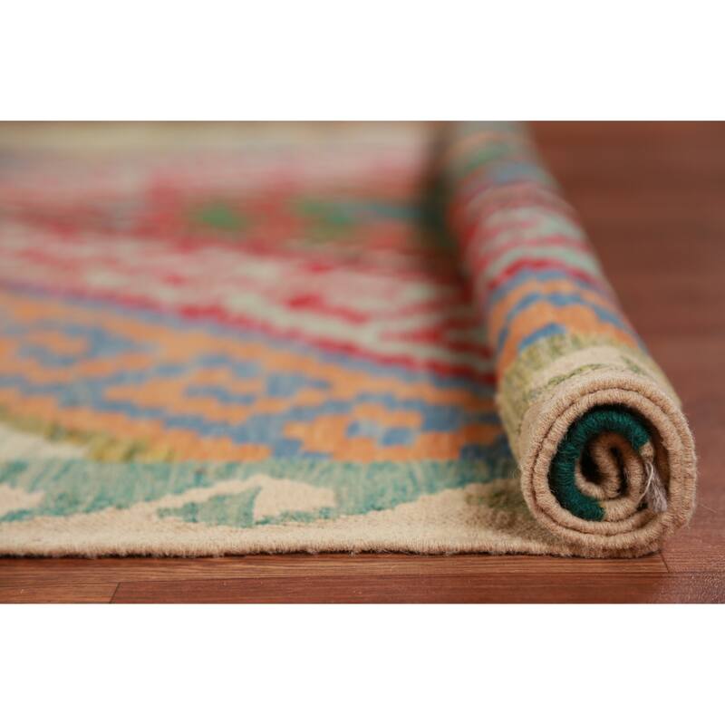 Hand Woven Oriental 100% Wool Carpet Southwestern Geometric Multi-Colored Kilim Area Rug - 8' 2'' X 6' 0''
