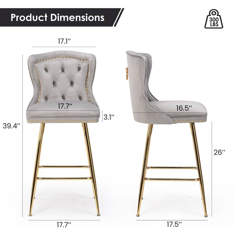 Velvet Bar Stools with Metal Legs, Button Tufted and Nailheads Trim (Set of 2)