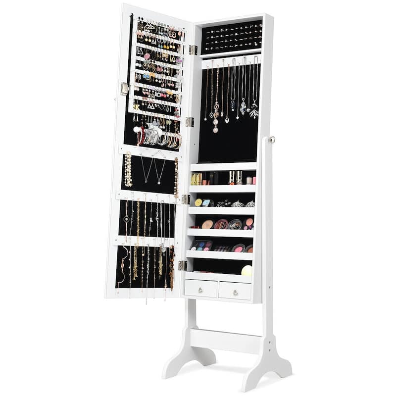 Mirrored Jewelry Storage Cabinet with Drawers and Hooks - 18" x 14.5" x 61.5"