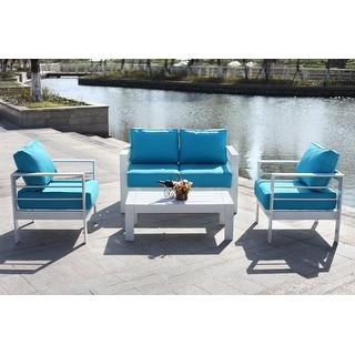 SAFAVIEH Outdoor Living Nason White/ Teal 4 Pc Set