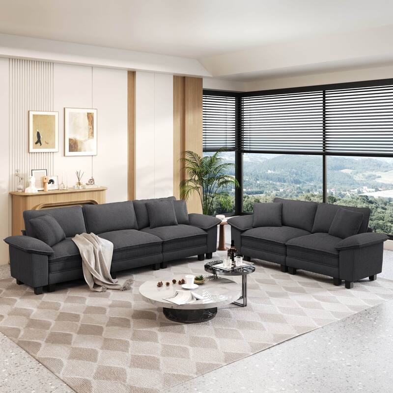 MAISON ARTS 2-Piece Chenille & Corduroy Sofa Set, Comfy 3/4/5-Seater Modular Loveseat & Armchair with Throw Pillows