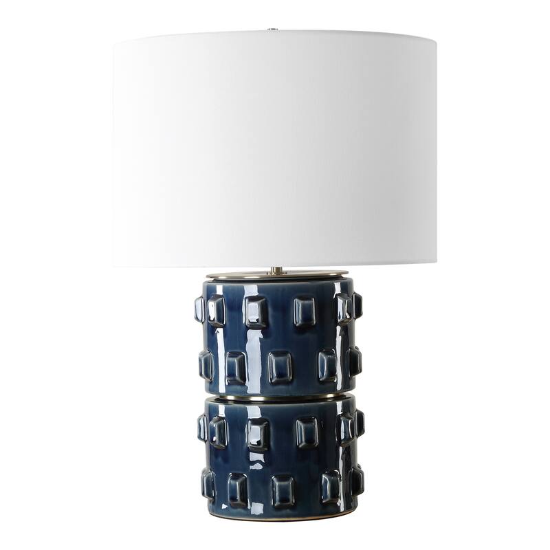 Strick & Bolton Blue Ceramic Table Lamp with Textured Design and Linen Shade - 15 x in x 15 x in 23