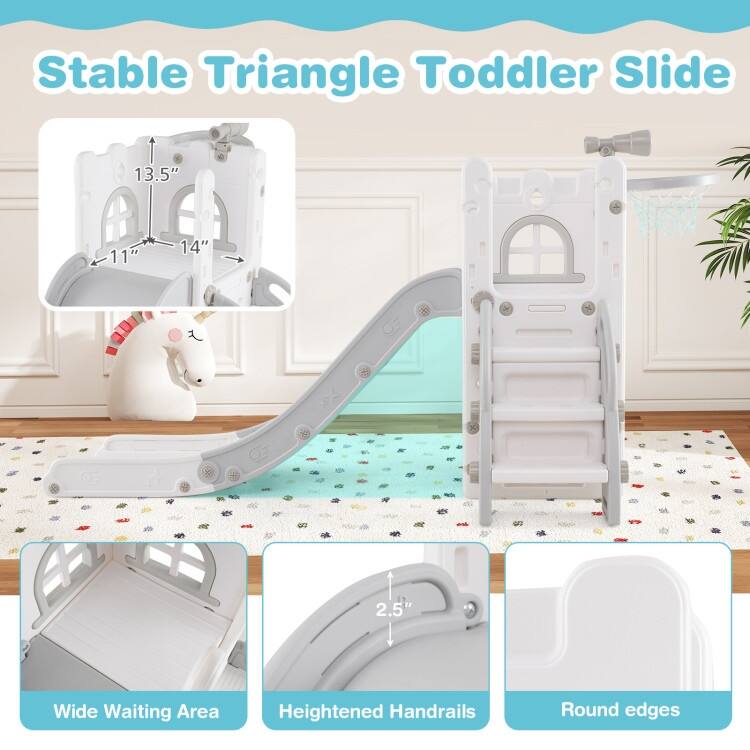 6 in 1 Toddler Slide and Playset for Kids with Basketball Hoop Climber Telescope and Storage - 27" x 57" x 33.5" (L x W x H)