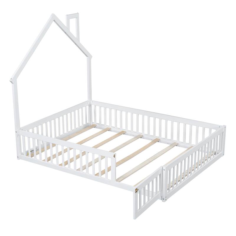 Wood Full Size House Platform Bed With Guardrail