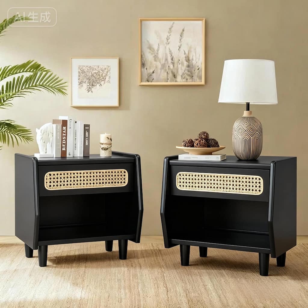 Christopher Knight Home - Zessia Retro 19" Wood Nightstand with Woven Drawer and Open Shelf, Set of 2