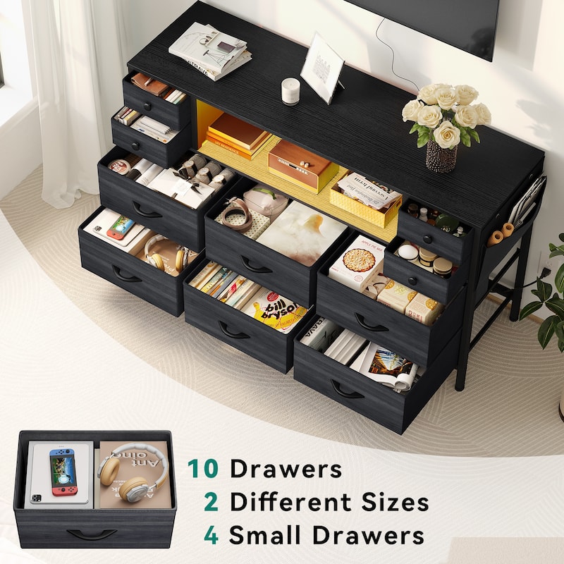Moasis 10-drawer Dresser Media Console with Charging Station, RGB Lights, Side Pockets & Hooks