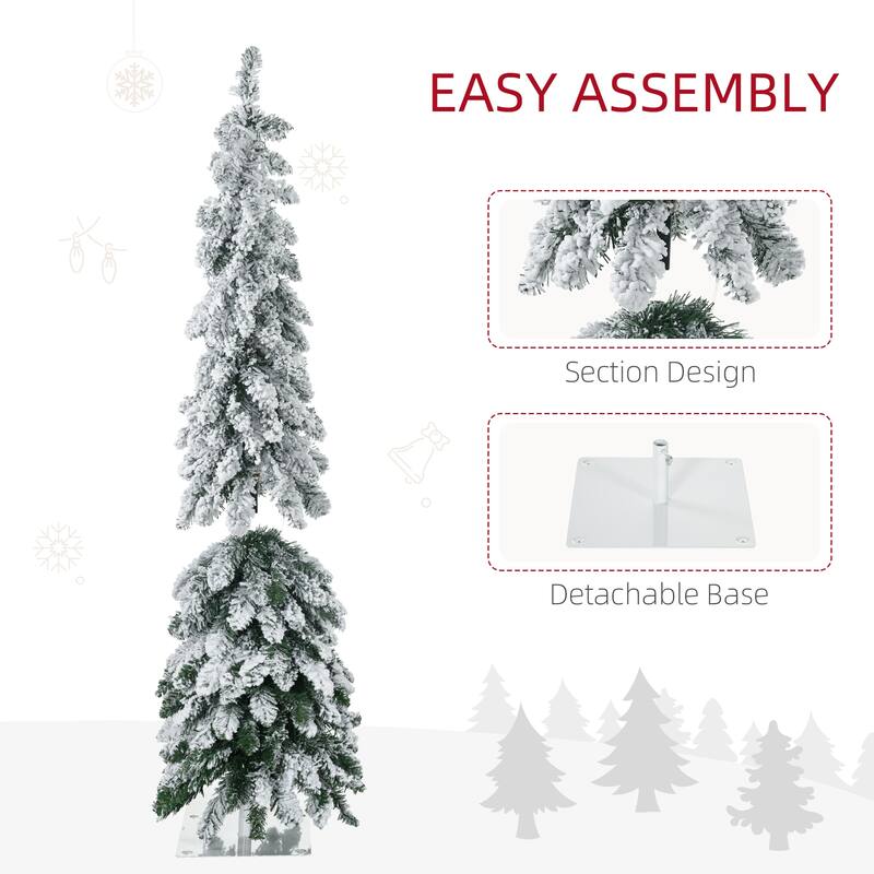 HOMCOM 4ft Tall Prelit Pencil Artificial Christmas Tree Holiday Décor with 225 Snow Flocked Branches, Downswept Shape - 3.93 ft