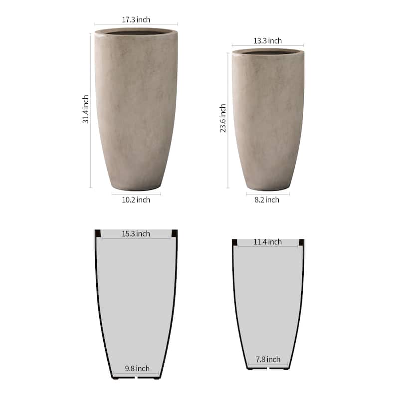 Kante 31.4" and 23.6"H Weathered Finish Concrete Tall Planters (Set of 2), Large Outdoor Indoor
