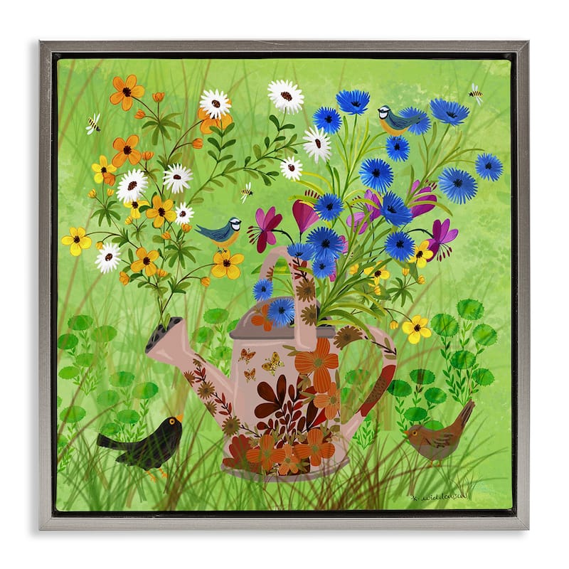 Stupell Bright Gardening Can & Birds Framed Floater Canvas Wall Art Design By Kay Widdowson - 18 x 18 - Grey