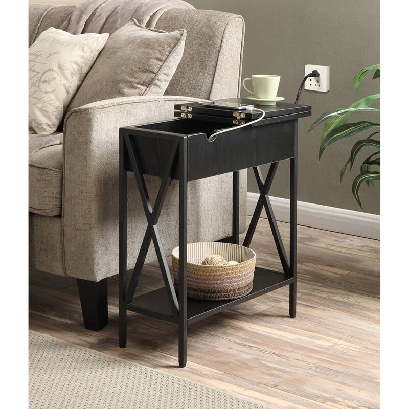 Convenience Concepts Tucson Flip Top End Table with Charging Station and Shelf - Black/Black