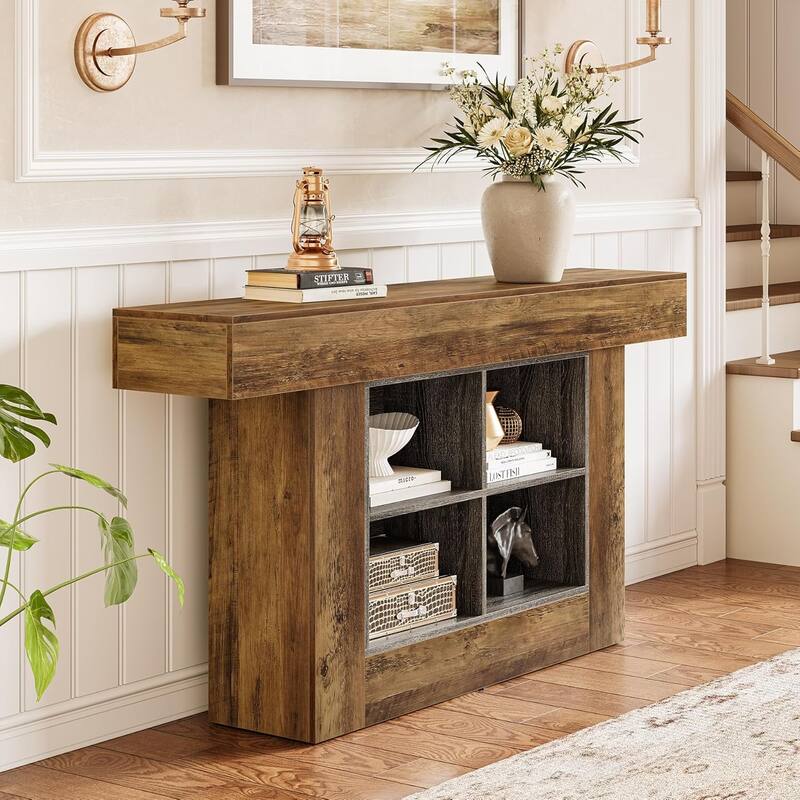 63" Console Table with 4 Storage Cubes, Farmhouse Entryway Table Sofa Table