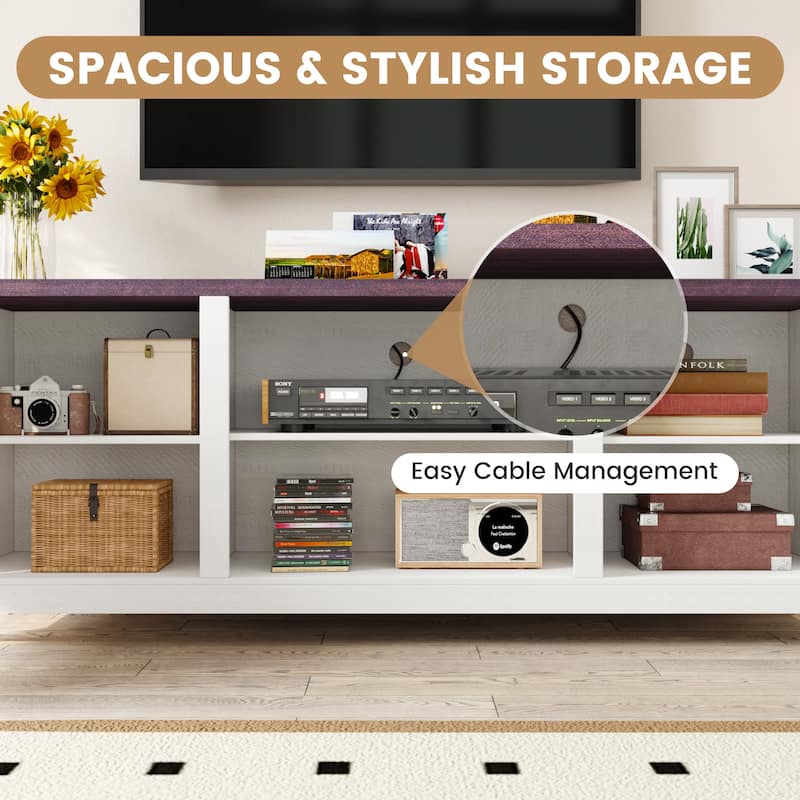 EROMMY Solid Wood TV Stand, Modern Entertainment Center with Glass Doors & Adjustable Shelves.