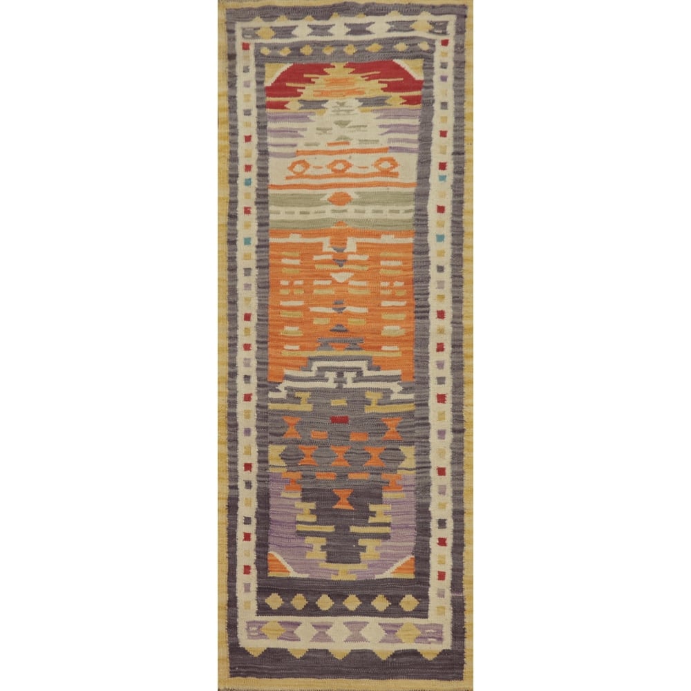 Hand Woven Oriental 100% Wool Carpet Southwestern Tribal Multi-Colored Kilim Runner Rug - 5' 8'' X 1' 9''