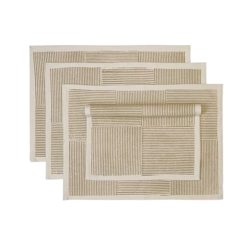 FIELDLINE Placemats - Hand Block Printed Kora (Unbleached Cotton), Fair Trade | Set of 4, 14"x20" by Sustainable Threads - Peanut Brown