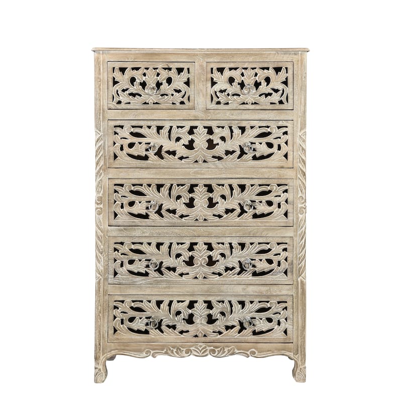 Florence Floral Carved Wood 6-Drawer Chest - Limestone Gray