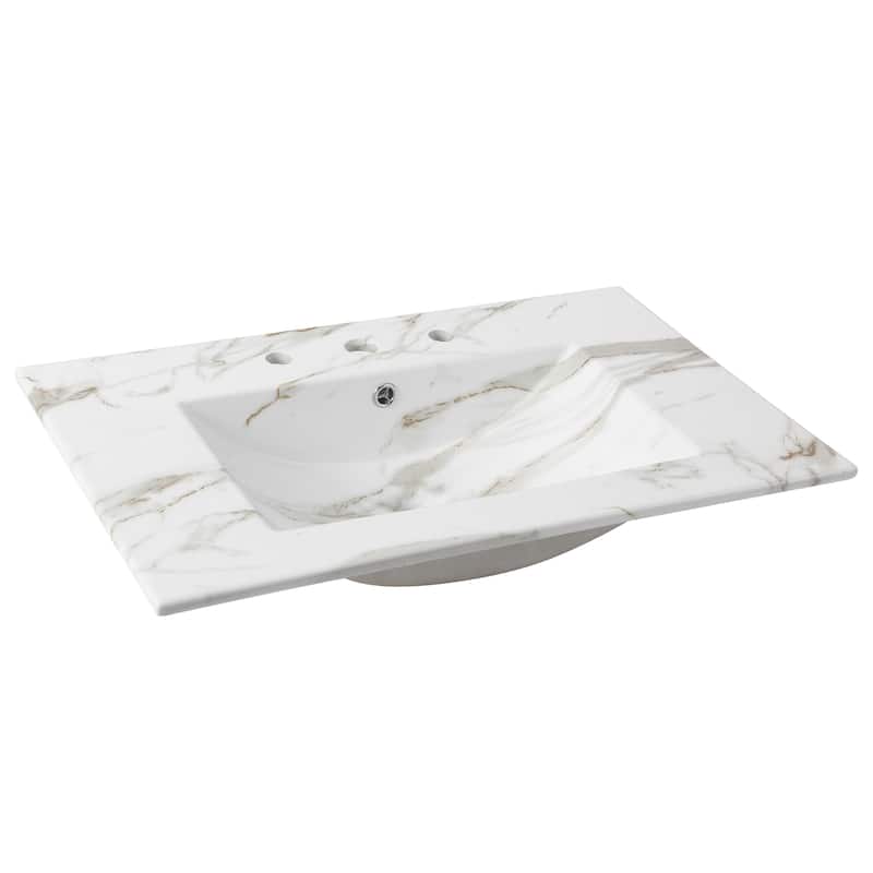 Aubert 3-Hole Classic Contemporary Rectangular Ceramic Single Sink Basin Vanity Top, by JONATHAN Y - 30 in. - White Marble Effect