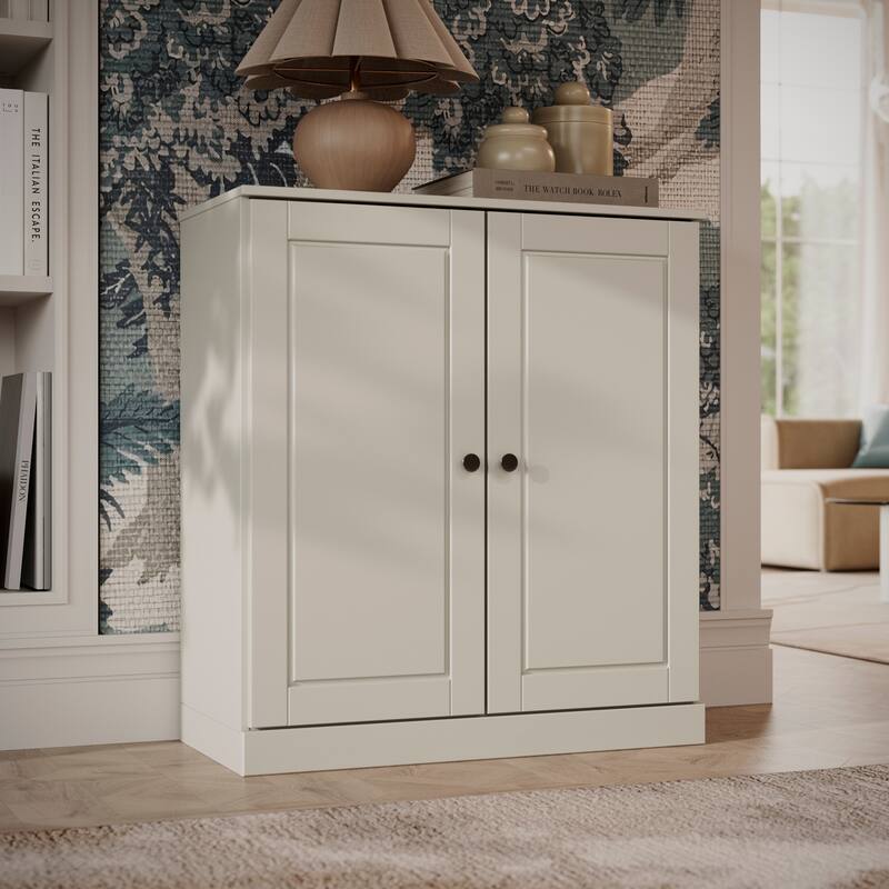 100% Solid Wood Short Bookcase with Doors, Adjustable Shelves, Modular Storage Bookshelf, 32" W x 35.75" H