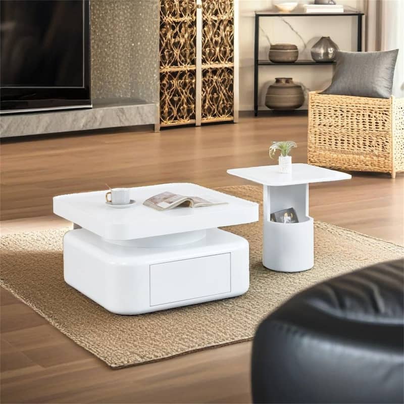 2 Pieces White MDF Square Coffee Table Set - White