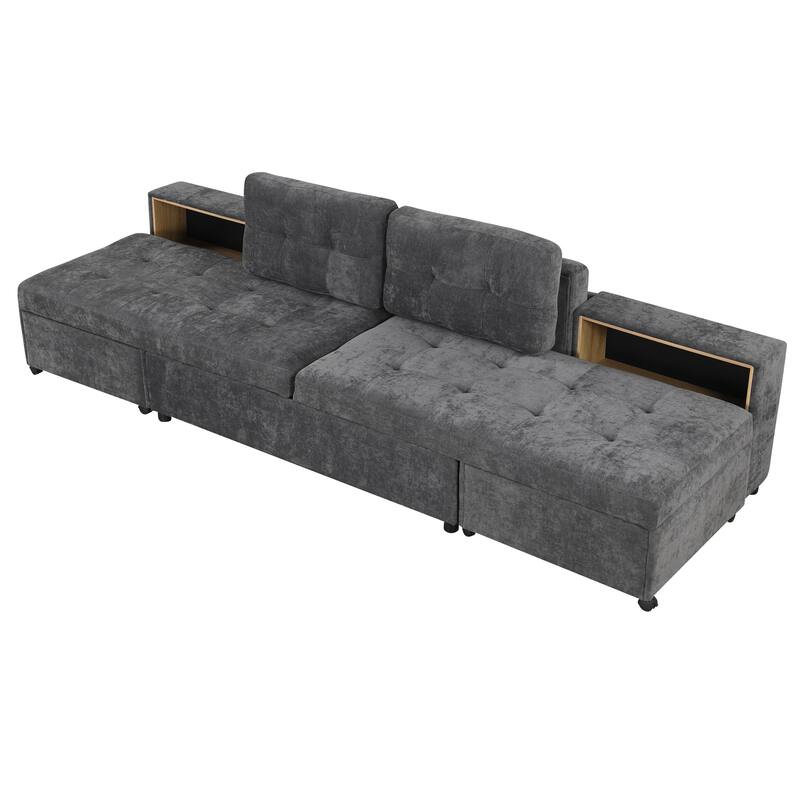 121.2" Modular Sofa Bed w/ 2 Storage Racks, Dark Gray, Chenille Upholstery