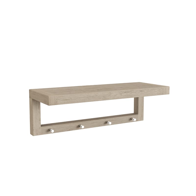 Moa Teak Wall Shelf with Hooks - Mist-Shield Grey - 24" Wide