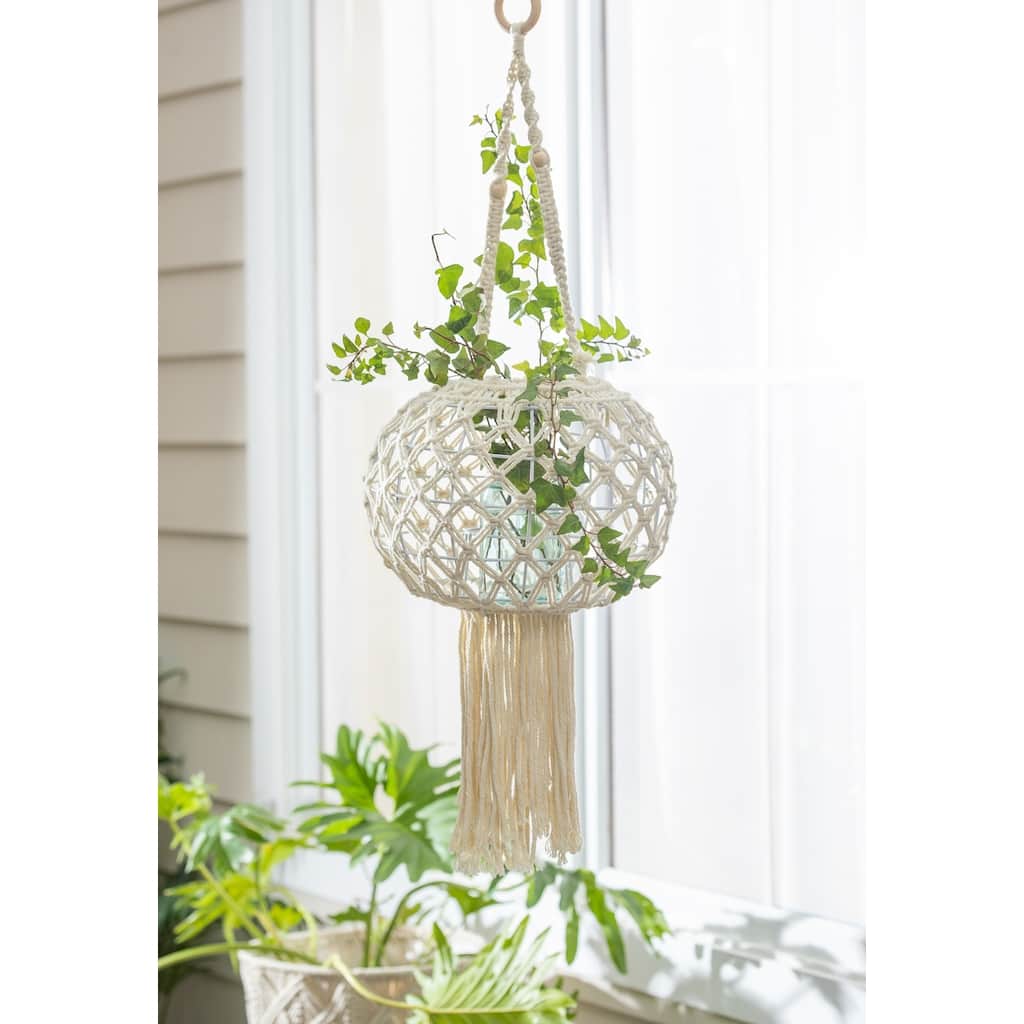 33" Macrame Large Hanging Globe Plant Cover, Natural
