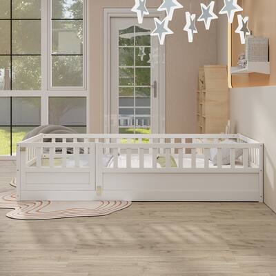 White Twin Size Pine Floor Bed with Guardrail & Door