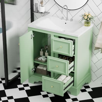30 in. W Bathroom Vanity with White Ceramic Sink and Three Drawers