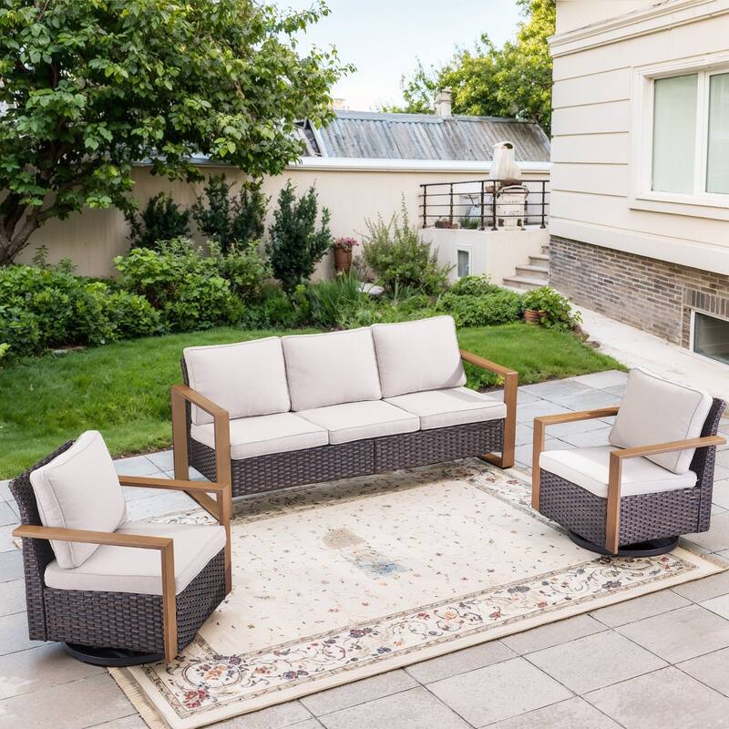 Gymojoy Outdoor Wicker Patio Furniture Sofa Set - 3-Piece Sofa Set - Swivel Chairs - Brown Wicker / Beige Cusion