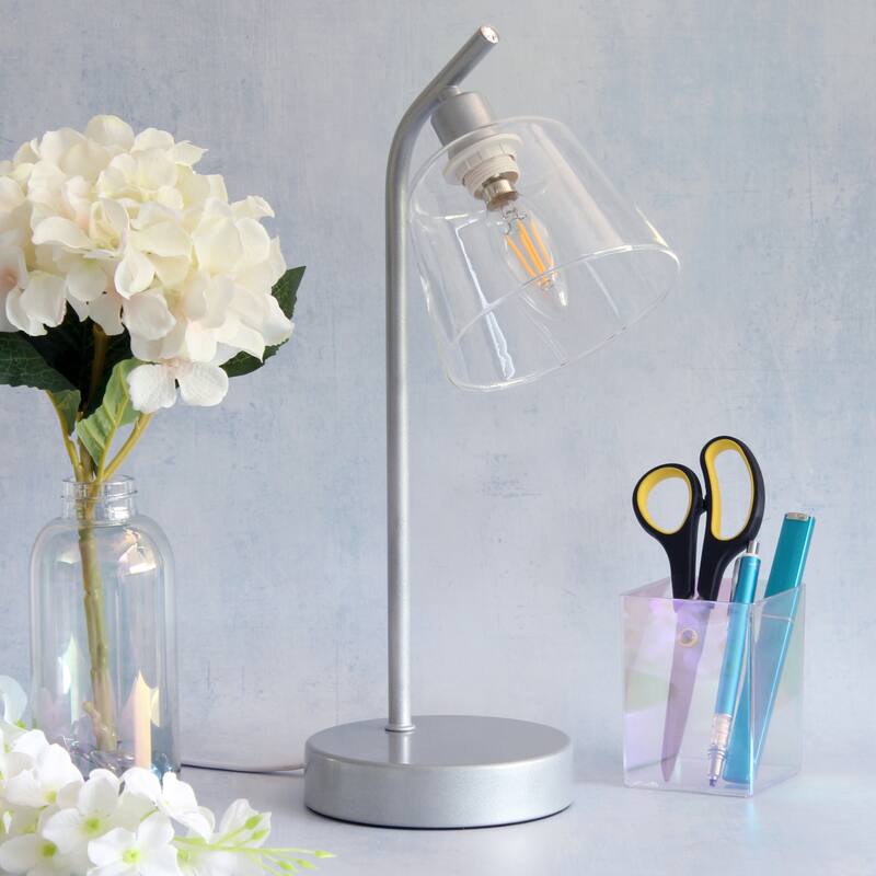 Angled Desk Lamp with Clear Ribbed Glass Shade - 15.75" - Silver