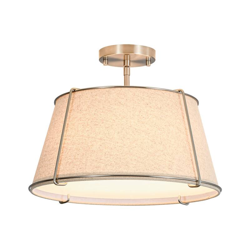 Brass 4-Light Wide Drum Linen Ceiling Light - 17in Mid-Century