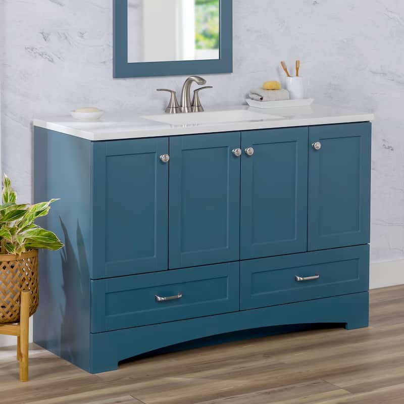 Spring Mill Cabinets Emlyn 48.5" Bathroom Vanity With Shelves, Drawers, and White Sink Top - Admiral Blue