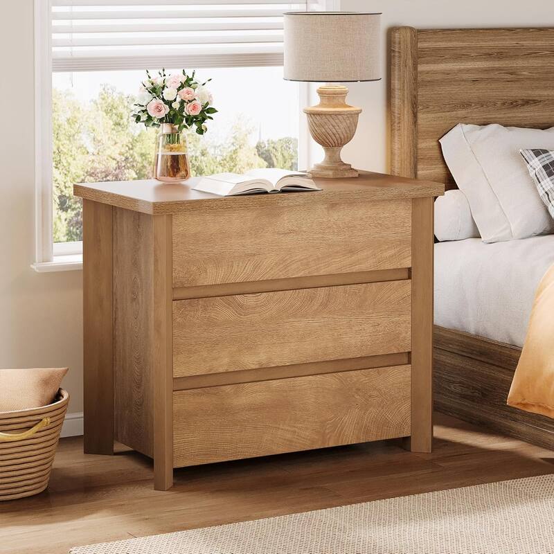 32" Farmhouse Nightstand with 3 Drawers, Large Rustic Brown Bedside Table with Ample Storage for Bedroom & Living Room