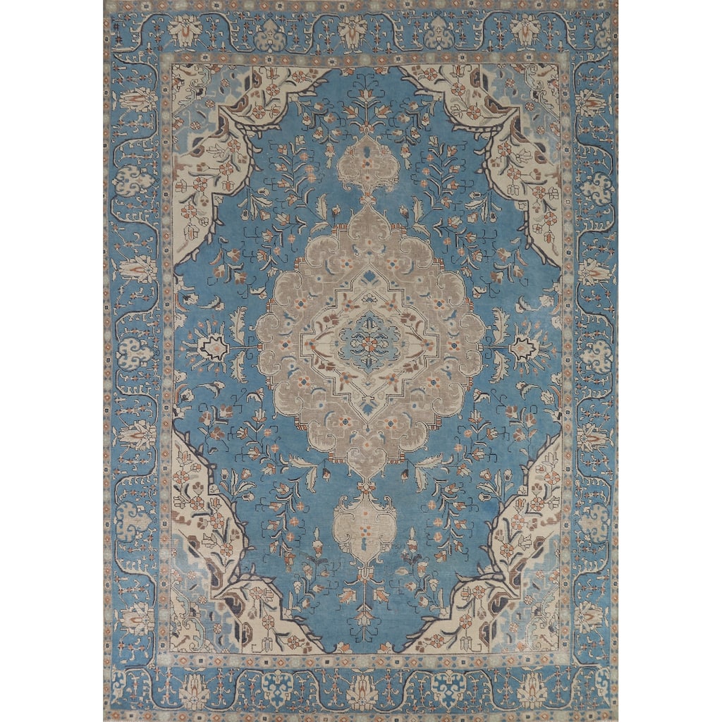 Blue Tabriz Persian Area Rug Handmade Wool Carpet - 9'4" x 12'10"