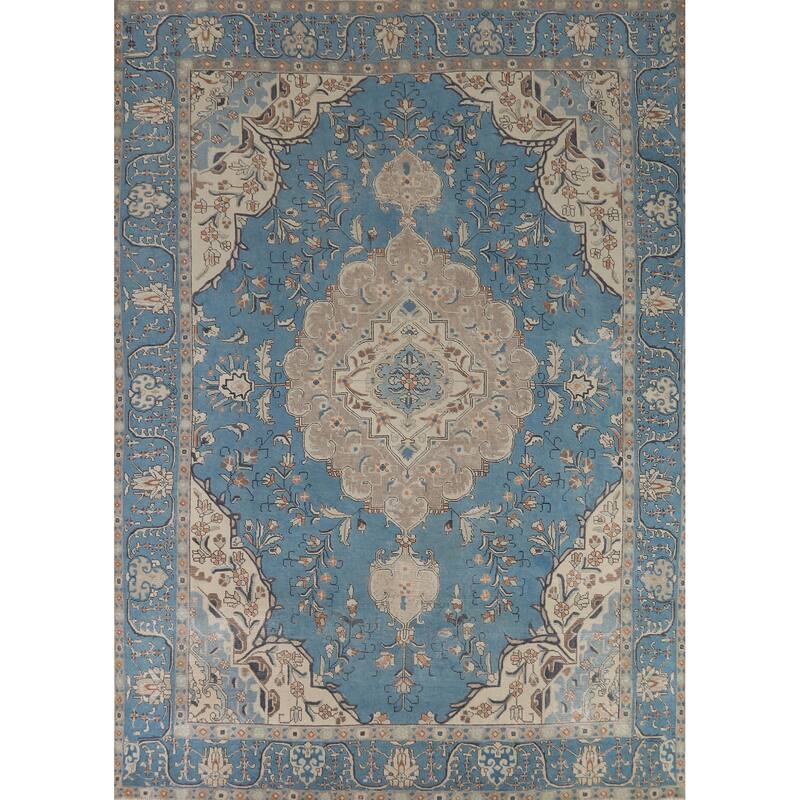 Blue Tabriz Persian Area Rug Handmade Wool Carpet - 9'4" x 12'10"