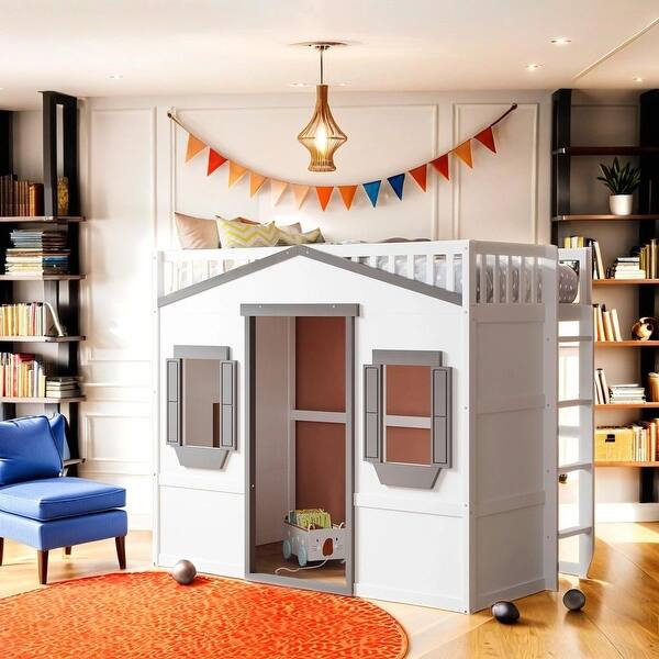 slide 2 of 63, Elegant Design Twin Size Wood House Loft Bed With Ladder,Multi-Functional Children's Bed White+Gray Frame