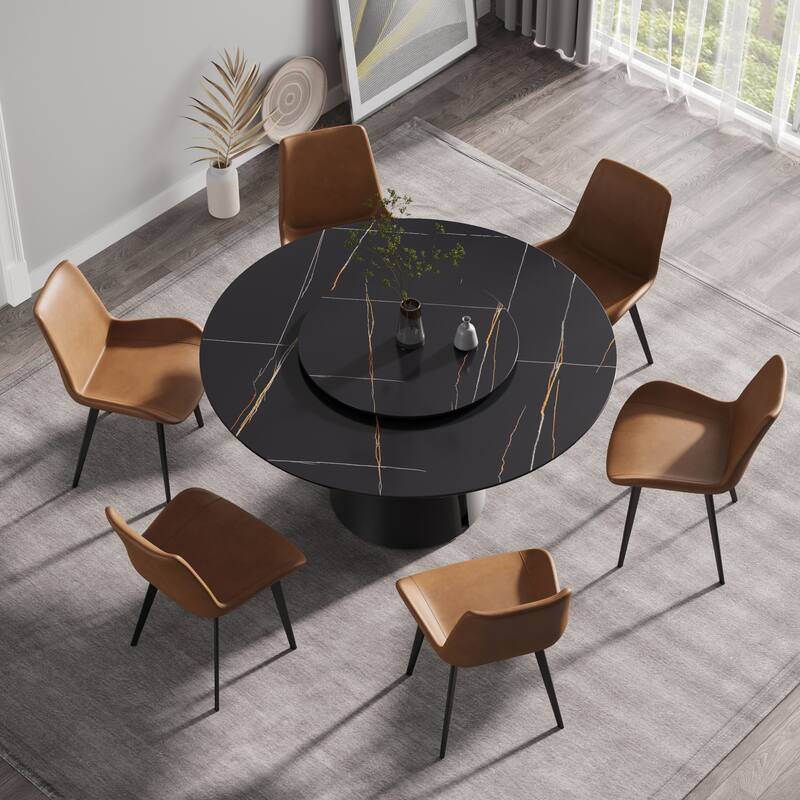 59.05"Modern artificial stone round carbon steel base dining table-can accommodate 6 people-31.5"black artificial stone