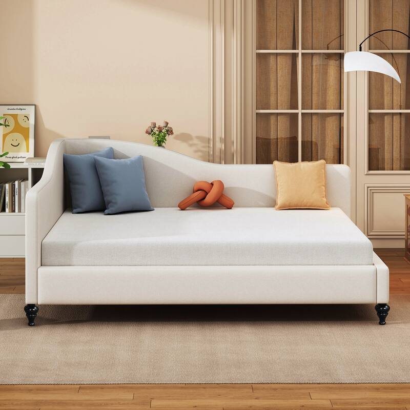 Twin/Full Size Upholstered Daybed, Linen Fabric Sofa Bed with Solid Wood Legs and L Shaped Backrest, Solid Wood Bedframe - Beige - Full
