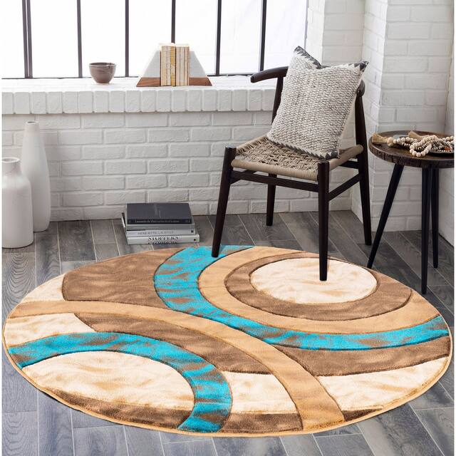 Orelsi Collection Abstract Area Rug - 5'2" Round - Beige/Blue