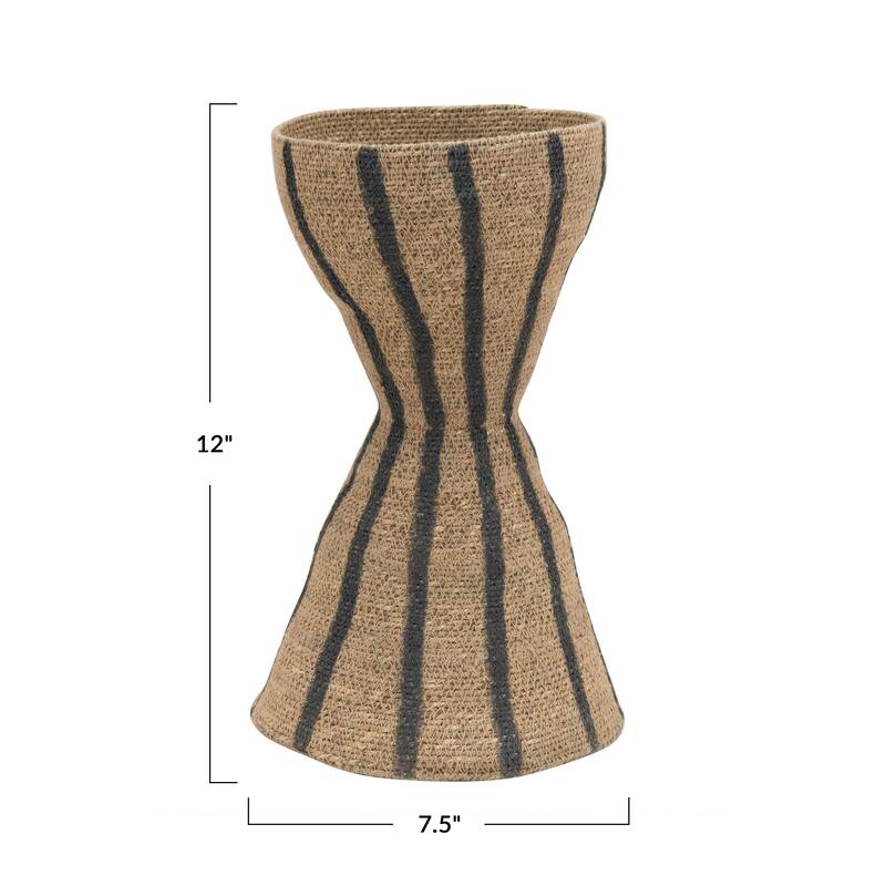 Hand-Woven Seagrass Hour Glass Shape Vase with Stripes, Natural & Black