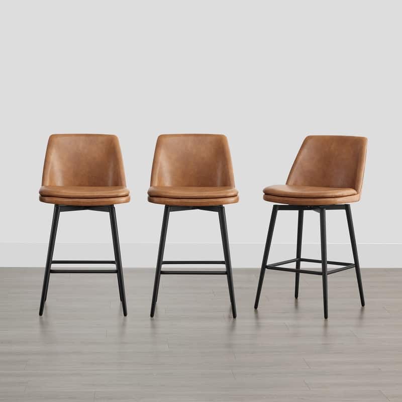 Ariel Counter Height Swivel Barstool Set - Set of 3 - Cognac Faux Leather - Counter Height
