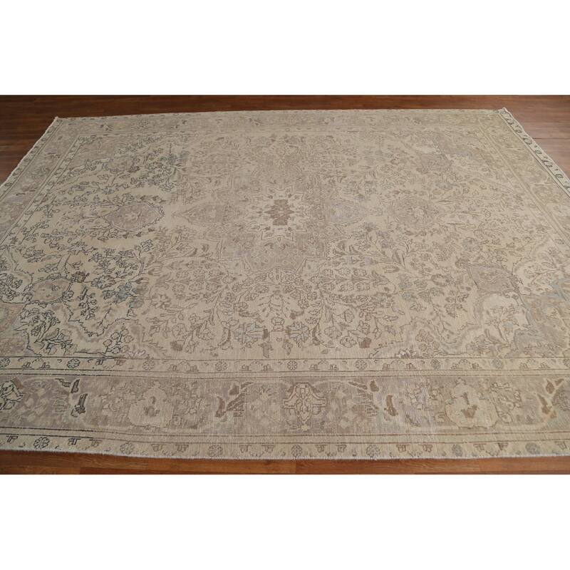 Hand Knotted Oriental 100% Wool Carpet Traditional Floral Beige & Ivories Tabriz Area Rug - 10' 11'' X 8' 1''