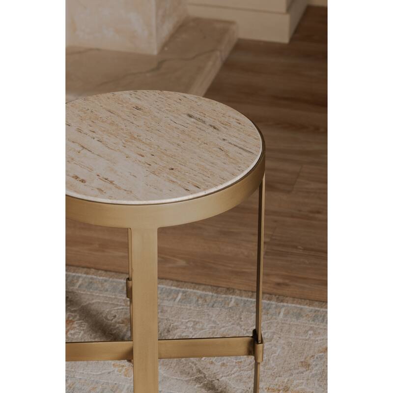 NADAAL STUDIOS Caelin Side Table, White Marble Top with Iron Base and Metal-Rim Edge, White