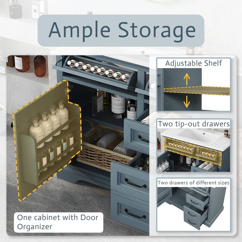 Roomfitters 36" Bathroom Vanity with Ceramic Sink, 2 Tip-out Drawers and Smart Storage Organizer